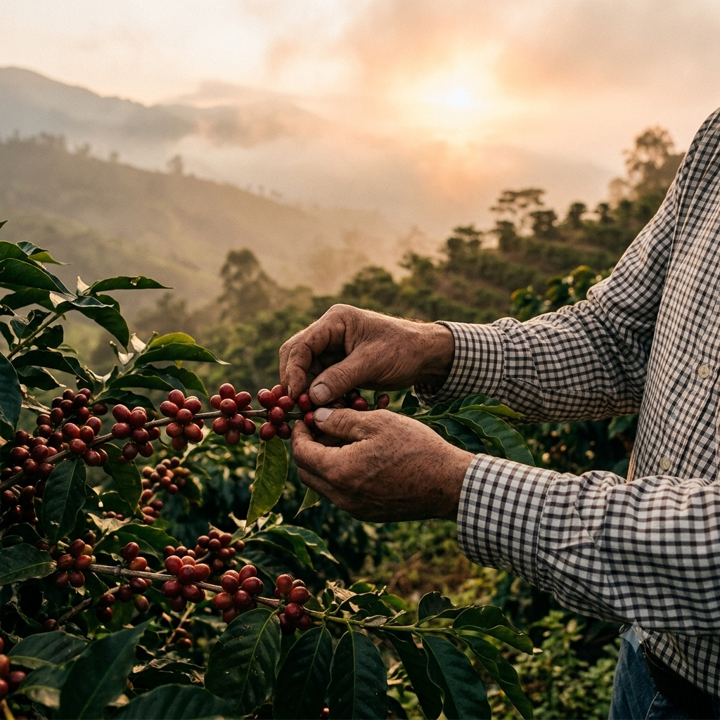 Cosecha manual de cerezas de café al amanecer en las montañas de Tolima — variedad Bourbon Rosado