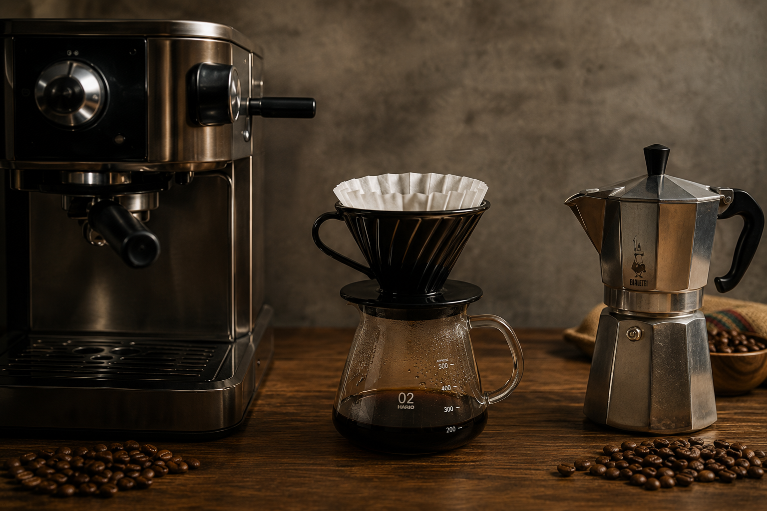 Equipos de preparación de café: espresso, V60 y Moka — métodos de extracción