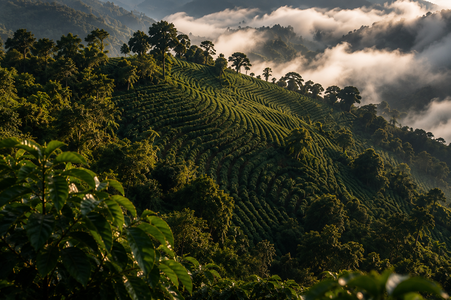 Plantaciones de café en terrazas con niebla en la cordillera — altitud y sabor del café colombiano
