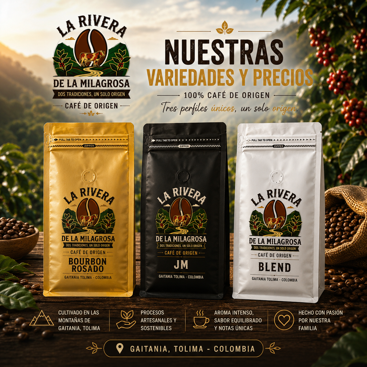 Las tres variedades de café La Rivera: JM, Bourbon Rosado y Blend — 100% Café de Origen, Gaitania, Tolima
