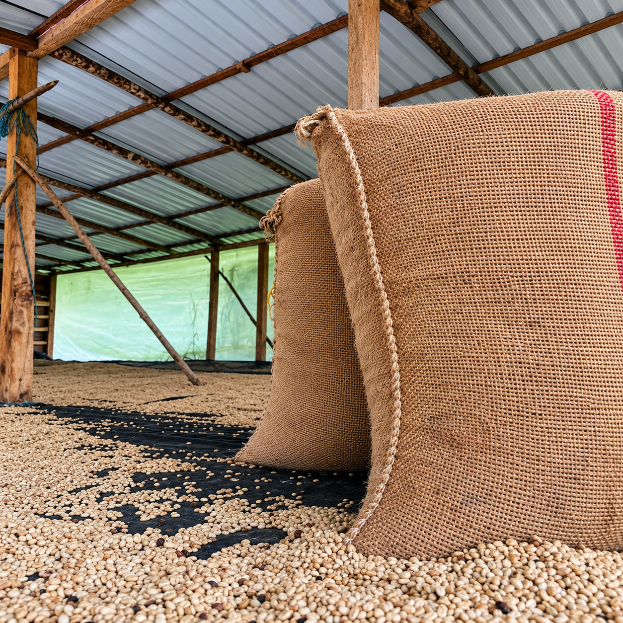 Costal de café en marquesina artesanal — Finca La Rivera, Gaitania, Tolima