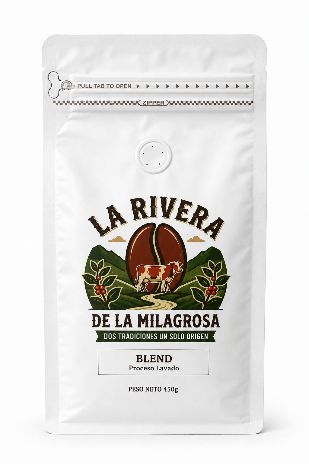 Café Blend La Rivera — empaque blanco 450g, lavado tradicional