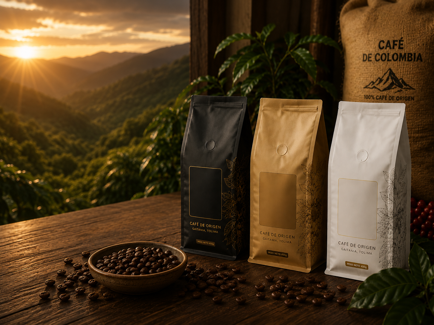 Tres empaques premium de café — negro, dorado y blanco — listos para personalizar con tu marca